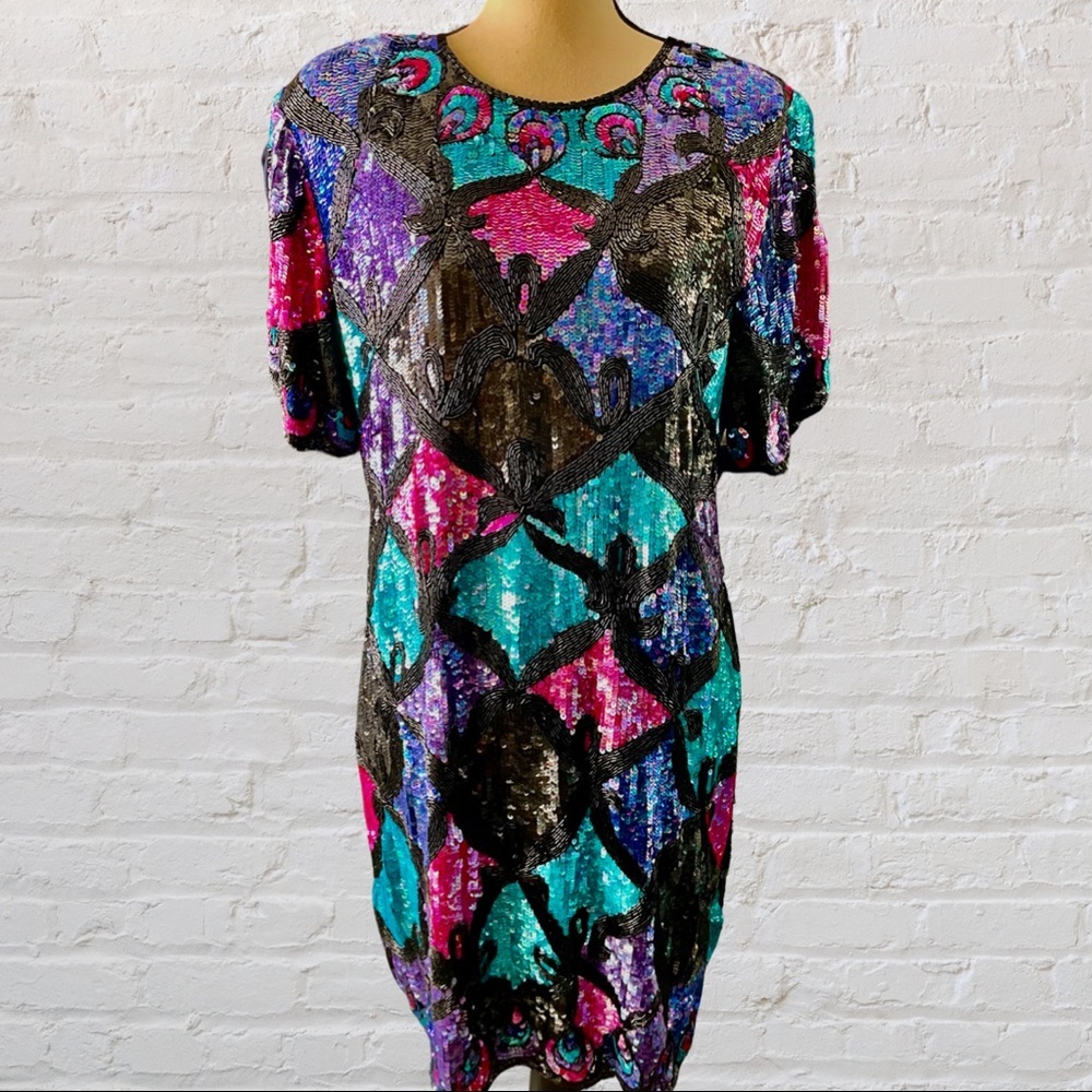 Vintage Colorful Beaded Sequined Silk Cocktail Dress. XL